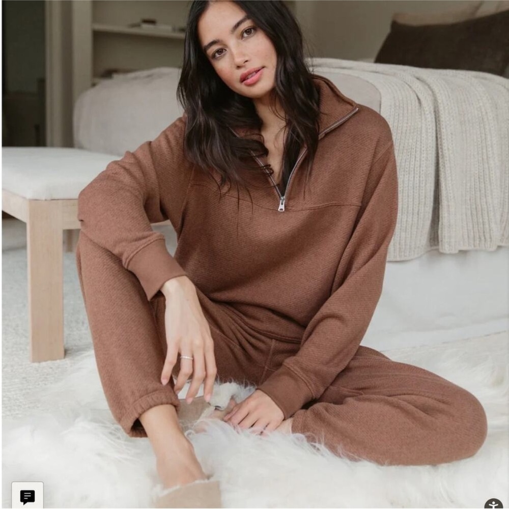 Jenni Kayne Half Zip Sweatshirt In Cinnamon Brown Size Large Cotton Viscose - Picture 4 of 11